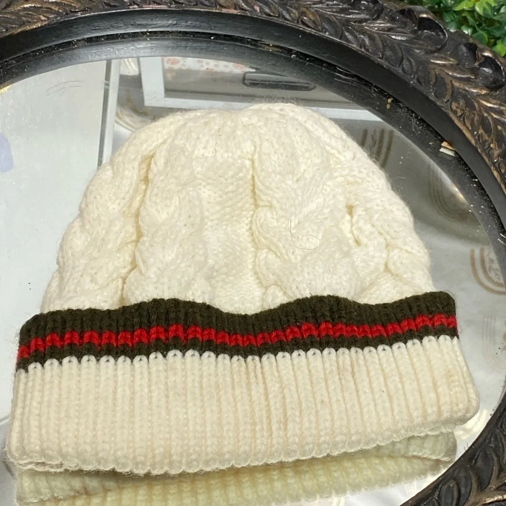 Cream Knit Beanie with Green and Red Stripe